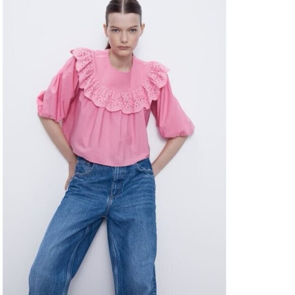ZARA Eyelet Frilled Poplin Blouse Top Pink XSMALL Balloon Sleeve Women’s NEW - Picture 9 of 16